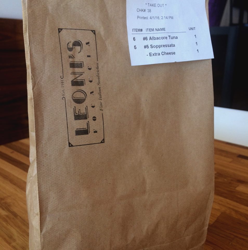 Leoni's Focaccia takeout bag with Floreant POS receipt — proof of real-world use in daily operations
